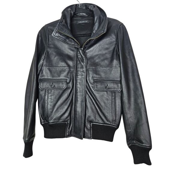 Theory S Black Leather Full Zip Bomber Jacket Minimalist Classic Goth Biker